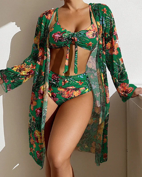 Conjunto de Biquíni Floral com Blusa de Tule
